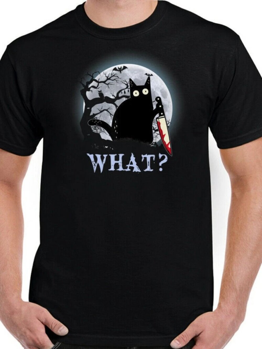 Funny Black Cat What Halloween Graphic Tee Black Full Moon Spooky Humor Unisex
